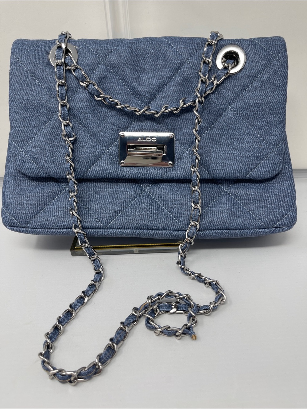 Aldo Quilted Denim faux leather chain Shoulder Bag - Blue